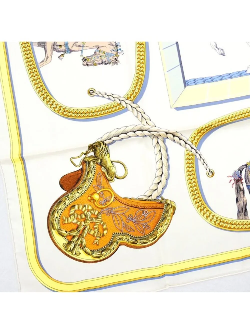Hermes Carre 90 Grand Apala Cream Gold Multicolor Silk Scarf